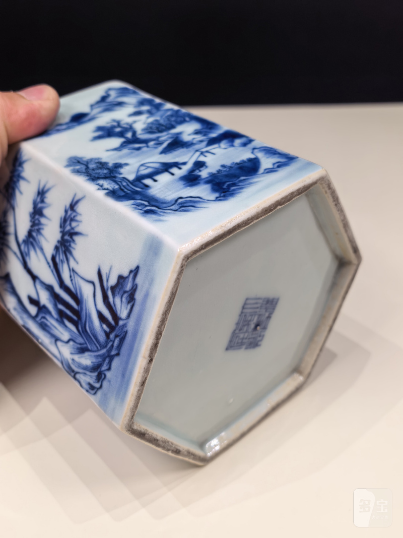 清嘉庆 青花山水人物笔筒 - 图10